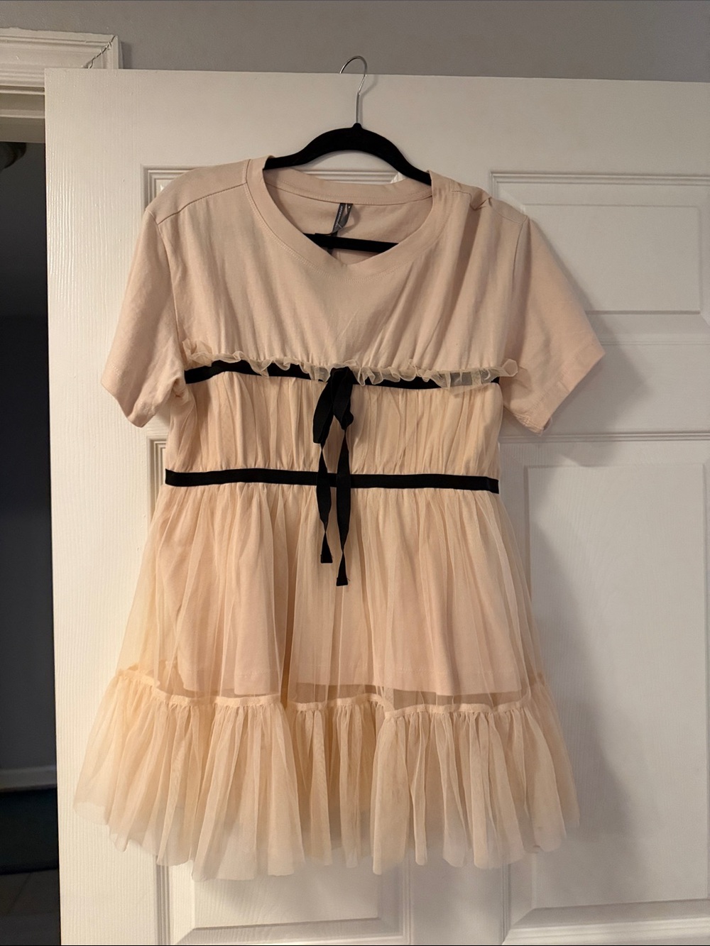 Anthropologie Baby Pink Tiered Tunic with Black Ribbon Accents